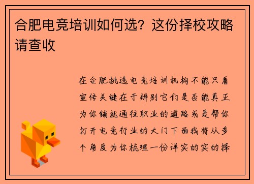 合肥电竞培训如何选？这份择校攻略请查收